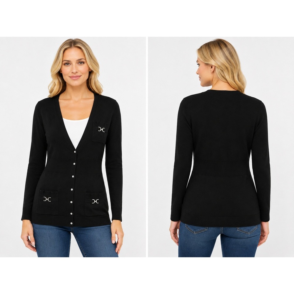 Black Cardigan Sz. S 100% Merino Wool Snap Front Long Office Luxury Classic Chic